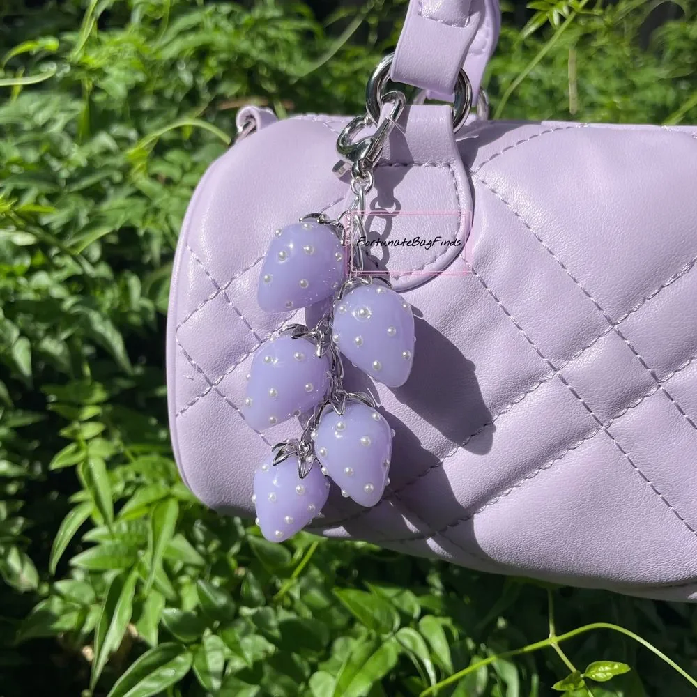 Lilac Lavender Baby Purple Jelly Pearl Heart Strawberry Cluster Bag Charm SILVER - Picture 3 of 8